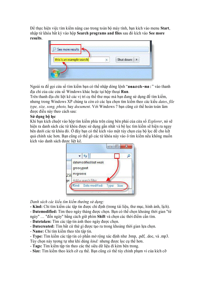 Tìm kiếm nâng cao trong Windows 7 tương tự như Windows XP