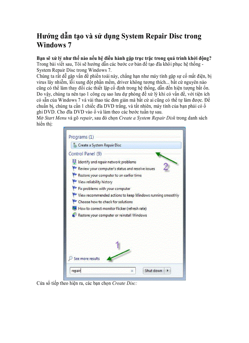 Hướng dẫn tạo và sử dụng System Repair Disc trong Windows 7