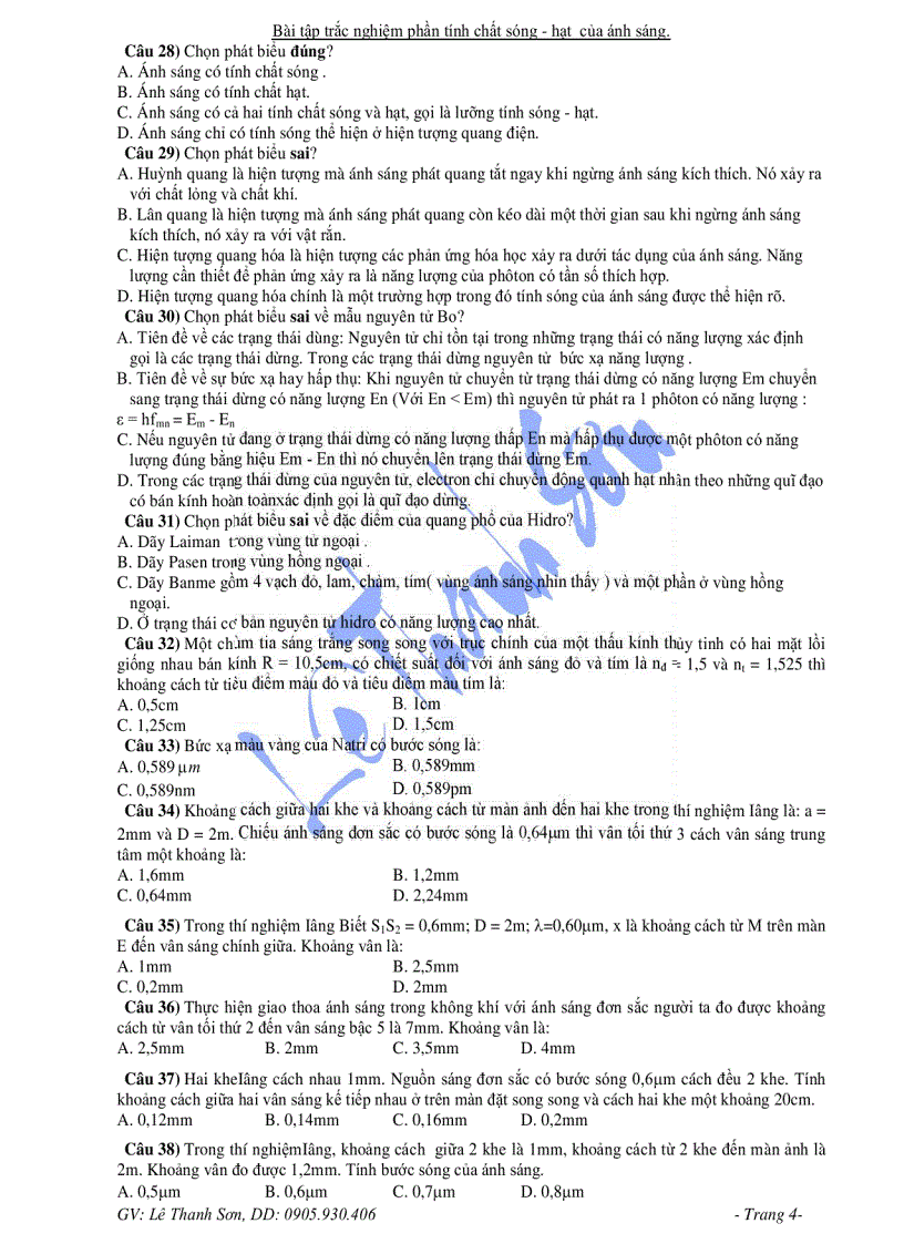 image for page Trắc nghiệm Vật lý 12 Tính chất Sóng và hạt của ánh sáng