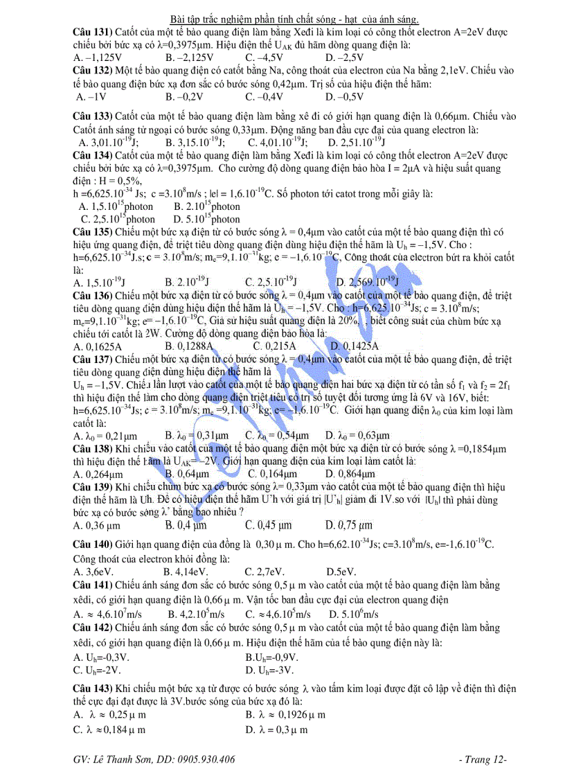 image for page Trắc nghiệm Vật lý 12 Tính chất Sóng và hạt của ánh sáng