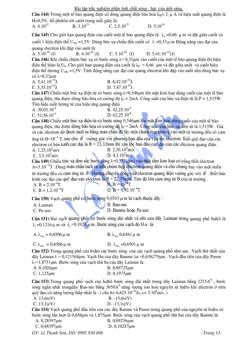 image for page Trắc nghiệm Vật lý 12 Tính chất Sóng và hạt của ánh sáng