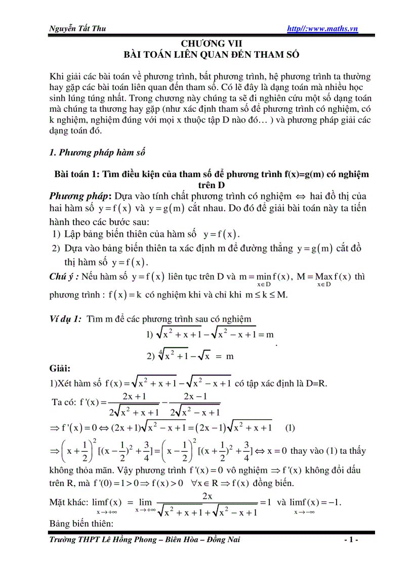 HD giải Bài toán Phương trình và Bất PT chứa Tham số