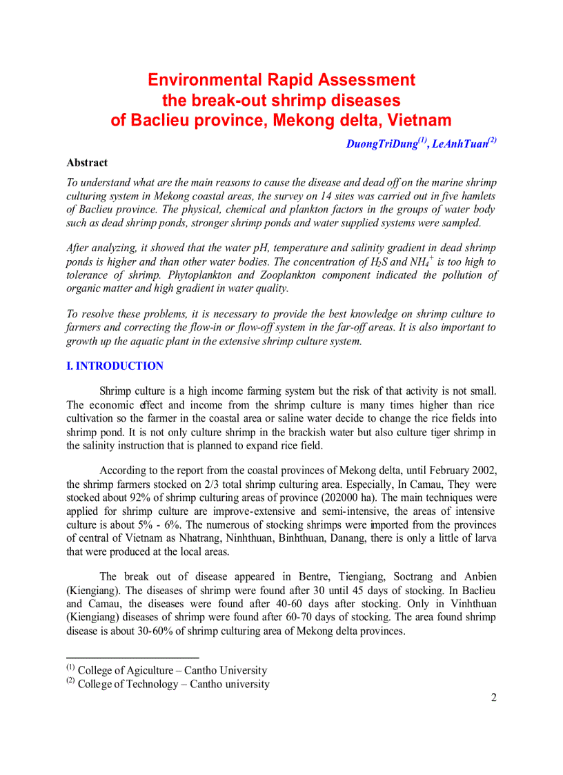image for page Environmental rapid assessment in the break out shrimp diseases of Baclieu province Mekong delta Vietnam