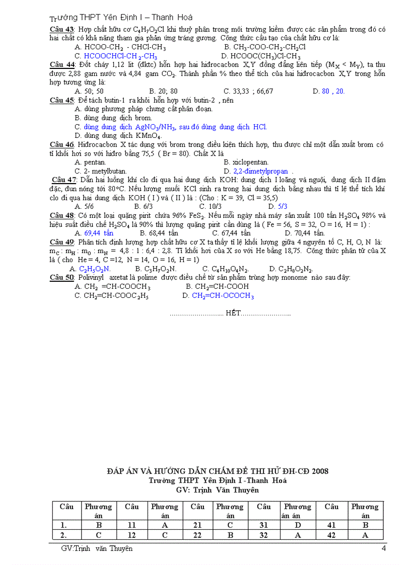 image for page Đề thi thử trắc nghiệm Đại học môn Hóa THPT Yên Định 1 Thanh Hóa 2008