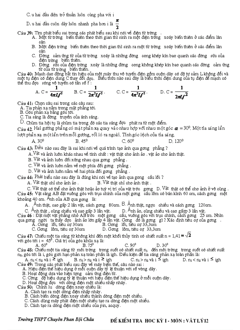 image for page Kiểm tra HK 1 Vật lý 12 THPT Chuyên Phan Bội Châu
