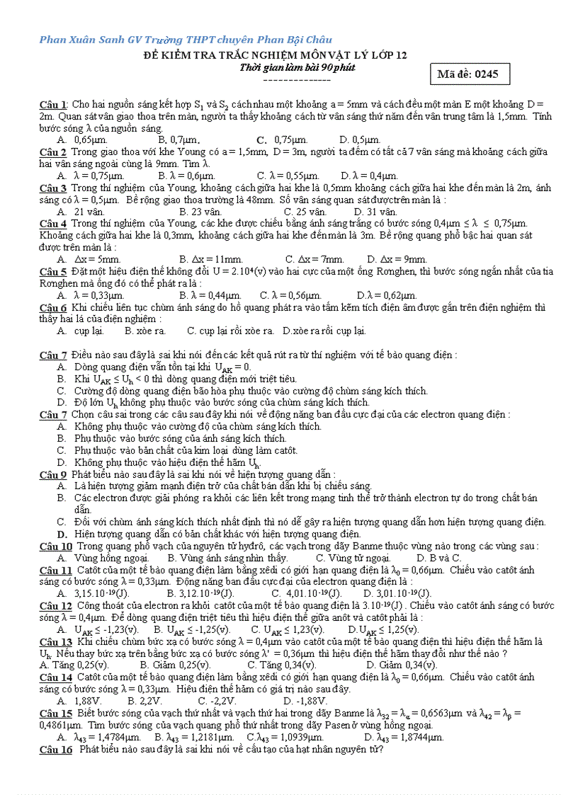 image for page Bài kiểm tra trắc nghiệm môn Vật lý 12 THPT chuyên Phan Bội Châu