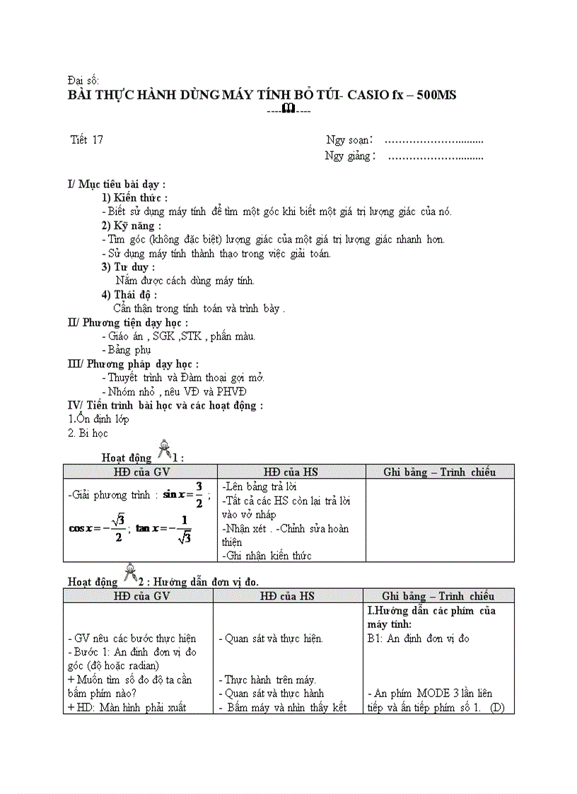 image for page Đại số BÀI THỰC HÀNH DÙNG MÁY TÍNH BỎ TÚI CASIO fx 500MS