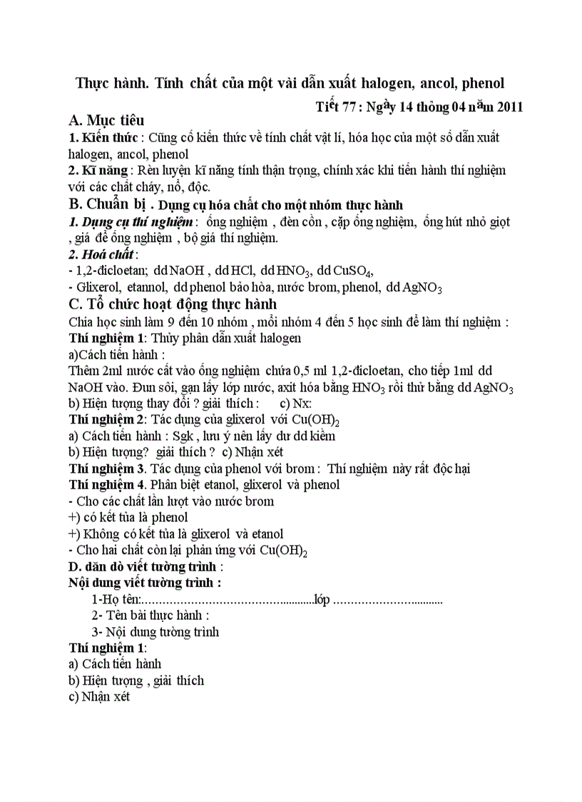 image for page Thực hành Tính chất của một vài dẫn xuất halogen ancol phenol