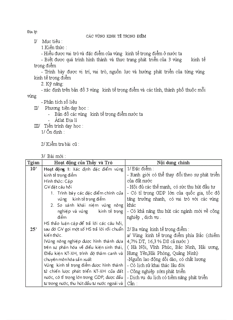 Địa lý CÁC VÙNG KINH TẾ TRỌNG ĐIỂM