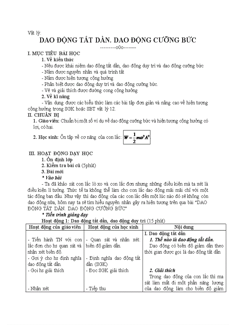 image for page Vật lý DAO ĐỘNG TẮT DẦN DAO ĐỘNG CƯỠNG BỨC