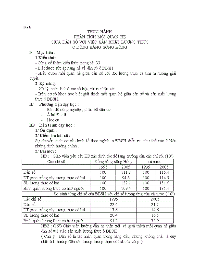 image for page Địa lý THỰC HÀNH PHÂN TÍCH MỐI QUAN HỆ GIỮA DÂN SỐ VỚI VIỆC SẢN XUẤT LƯƠNG THỰC Ở ĐỒNG BẰNG SÔNG HỒNG