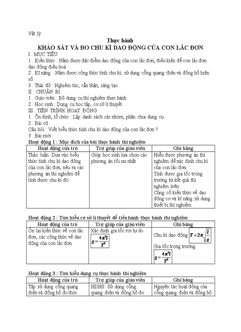 Vật Ly Thực Hanh Khảo Sat Va đo Chu Ki Dao động Của Con Lắc đơn