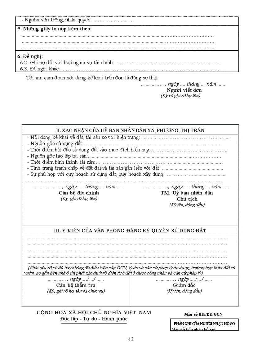 Mẫu giấy tờ thủ tục đăng ký cấp Giấy chứng nhận và mẫu sử dụng trong quản lý phát hành Giấy chứng nhận