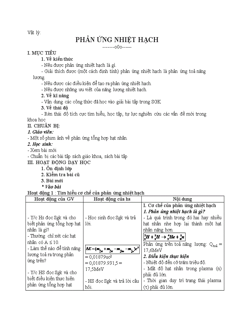 Vật lý PHẢN ỨNG NHIỆT HẠCH