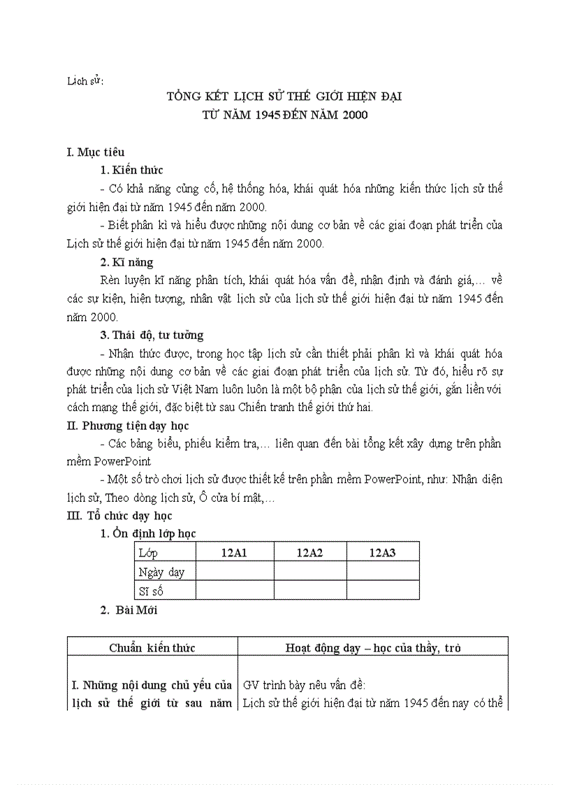 Lịch sử TỔNG KẾT LỊCH SỬ THẾ GIỚI HIỆN ĐẠI TỪ NĂM 1945 ĐẾN NĂM 2000