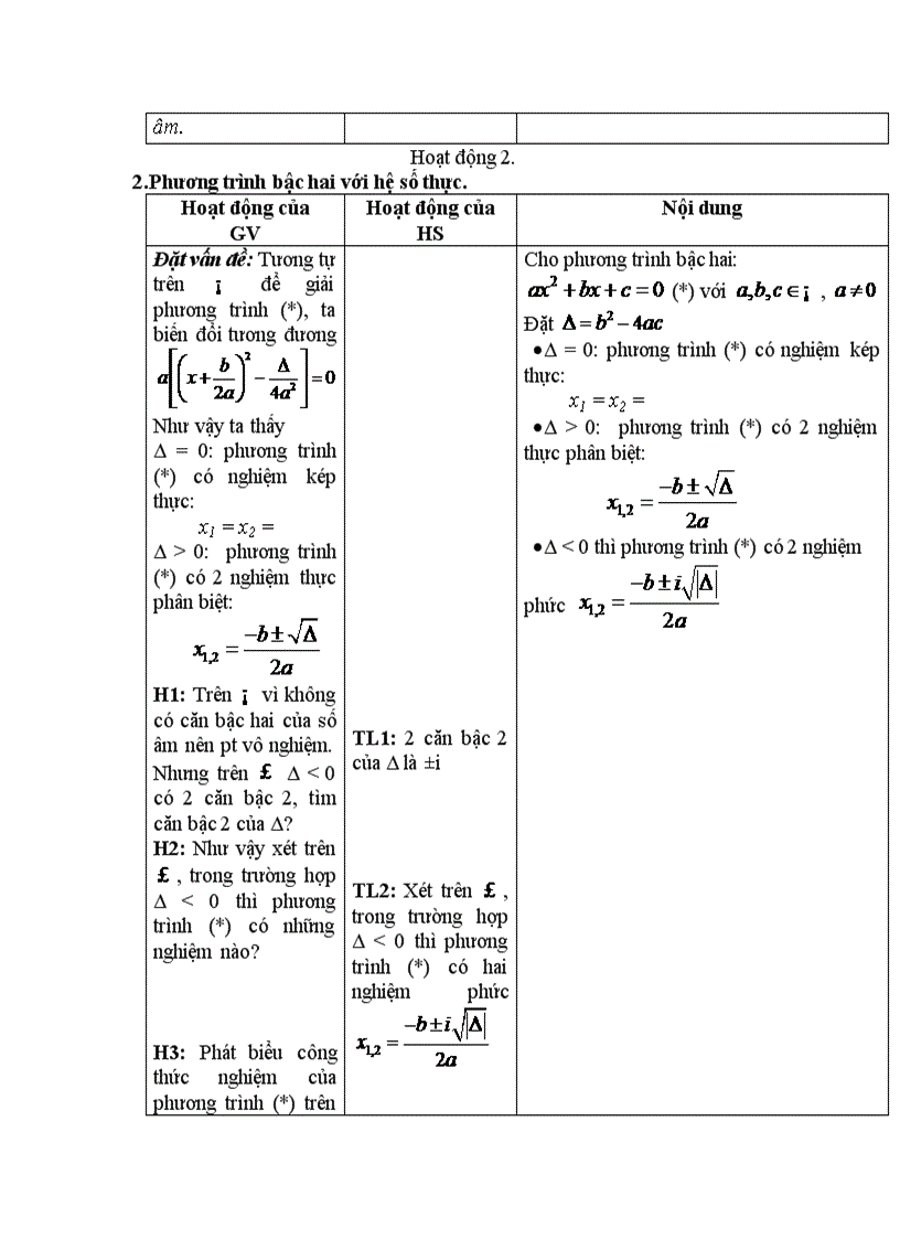 Giải tích PHƯƠNG TRÌNH BẬC HAI VỚI HỆ SỐ THỰC