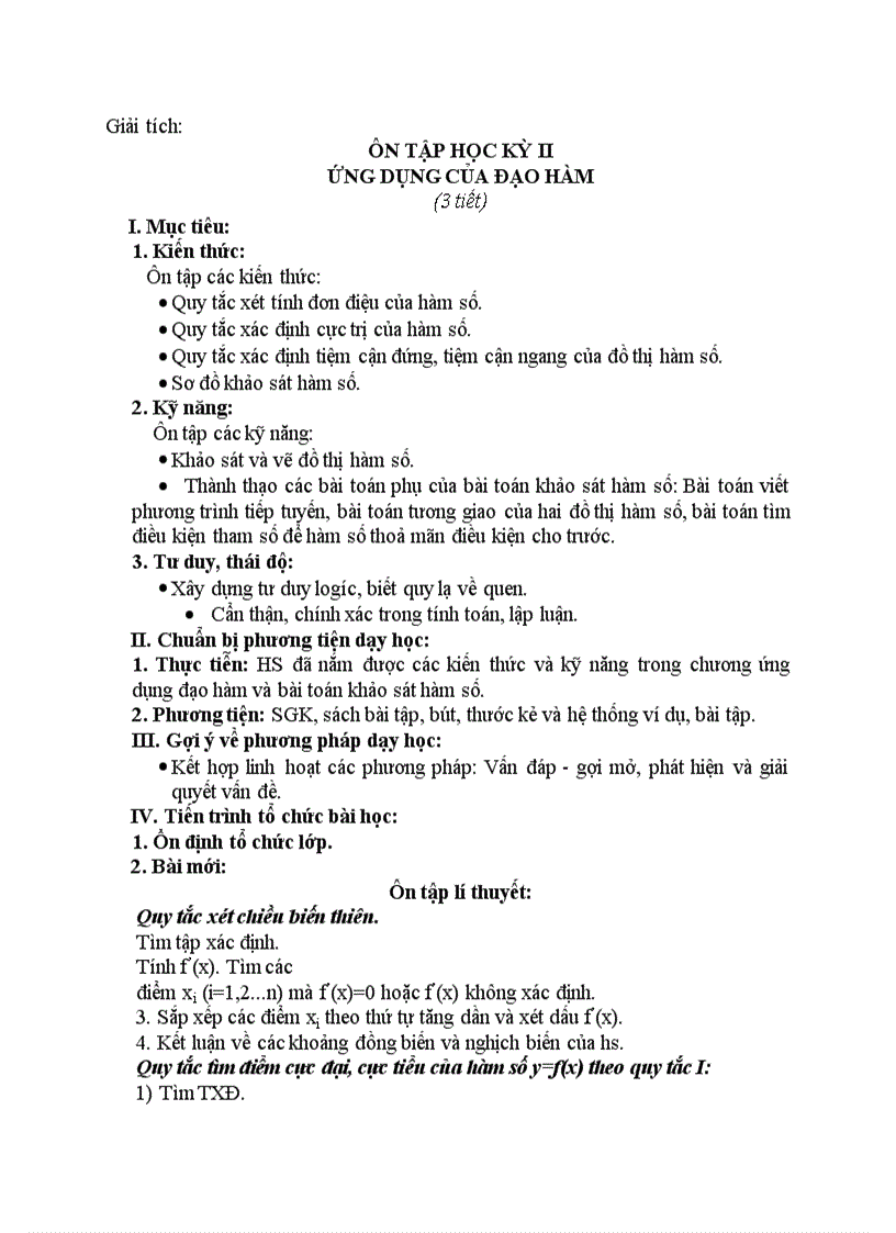 image for page Giải tích ÔN TẬP HỌC KỲ II ỨNG DỤNG CỦA ĐẠO HÀM