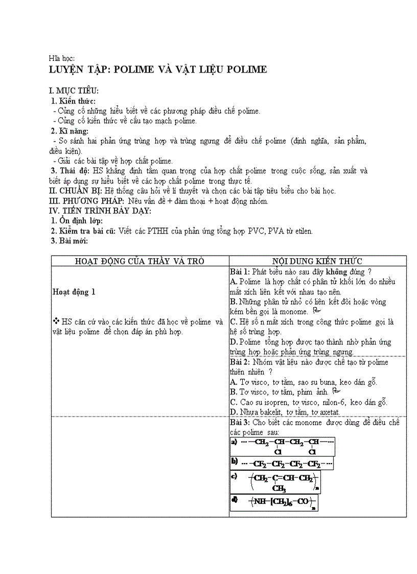 image for page Hóa học LUYỆN TẬP POLIME VÀ VẬT LIỆU POLIME