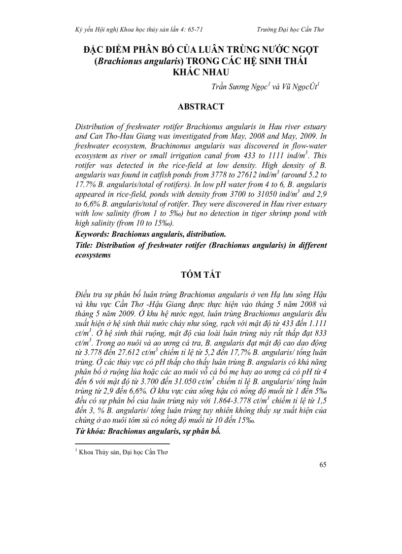 image for page Đặc điểm phân bố của luân trùng nước ngọt Brachionus angularis trong các hệ sinh thái khác nhau