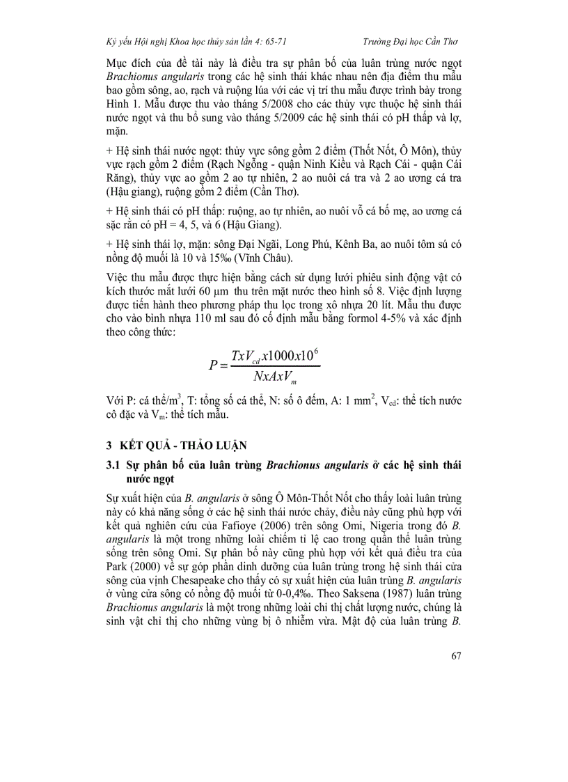image for page Đặc điểm phân bố của luân trùng nước ngọt Brachionus angularis trong các hệ sinh thái khác nhau