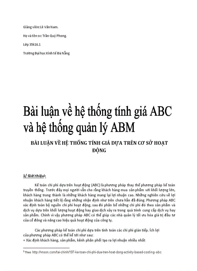 Bài luận về hệ thống tính giá ABC và hệ thống quản lý ABM