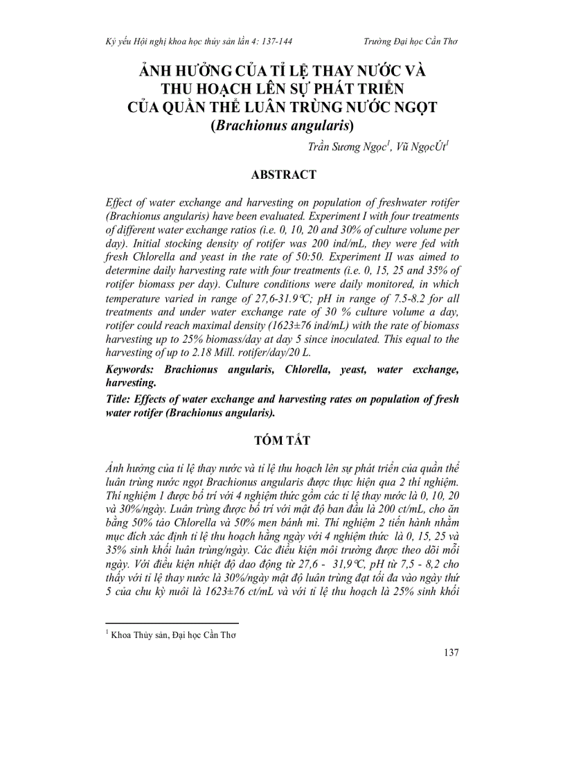 Ảnh hưởng của tỉ lệ thay nước và thu hoạch lên sự phát triển của quần thể luân trùng nước ngọt Brachionus angularis