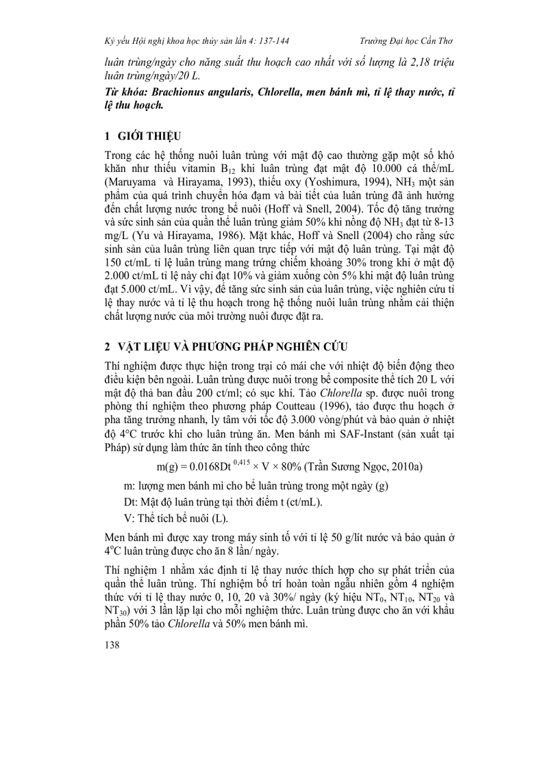 image for page Ảnh hưởng của tỉ lệ thay nước và thu hoạch lên sự phát triển của quần thể luân trùng nước ngọt Brachionus angularis