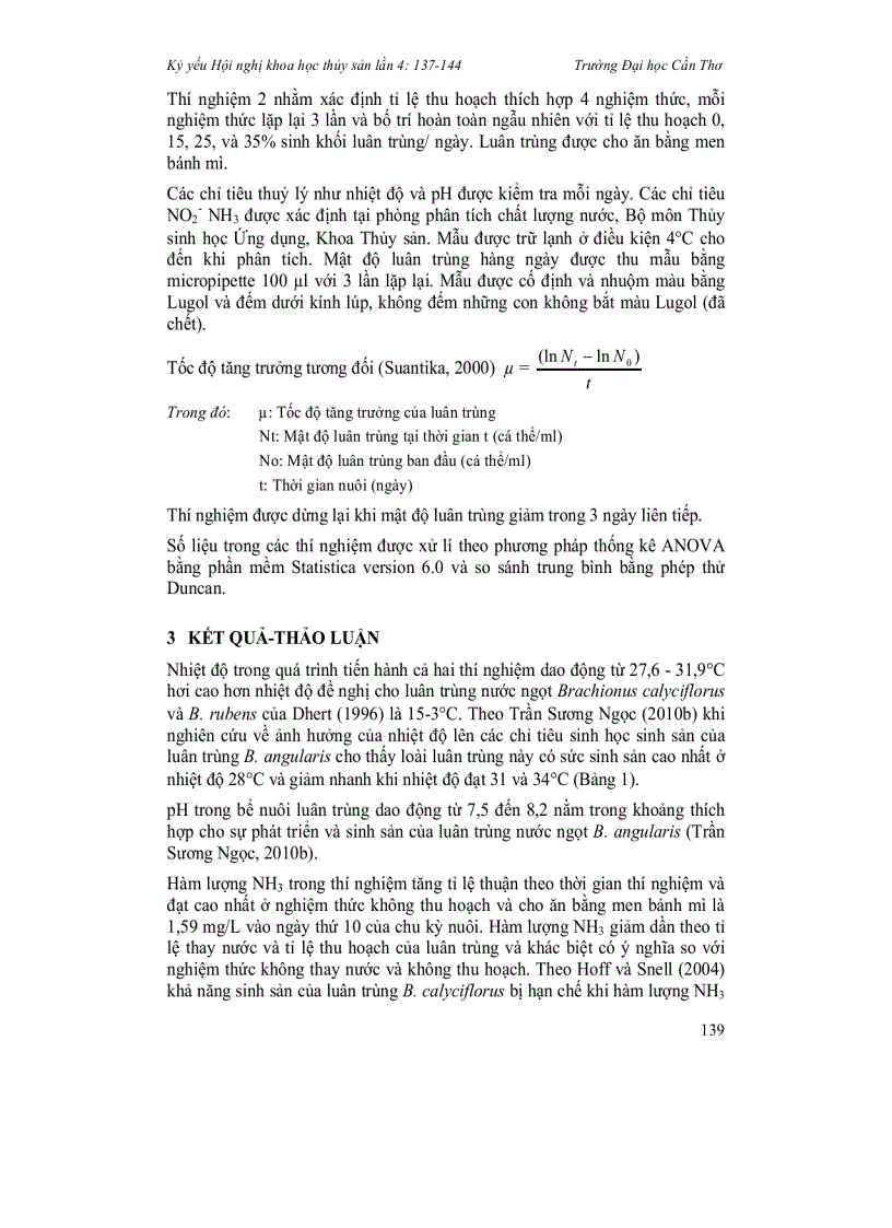 image for page Ảnh hưởng của tỉ lệ thay nước và thu hoạch lên sự phát triển của quần thể luân trùng nước ngọt Brachionus angularis