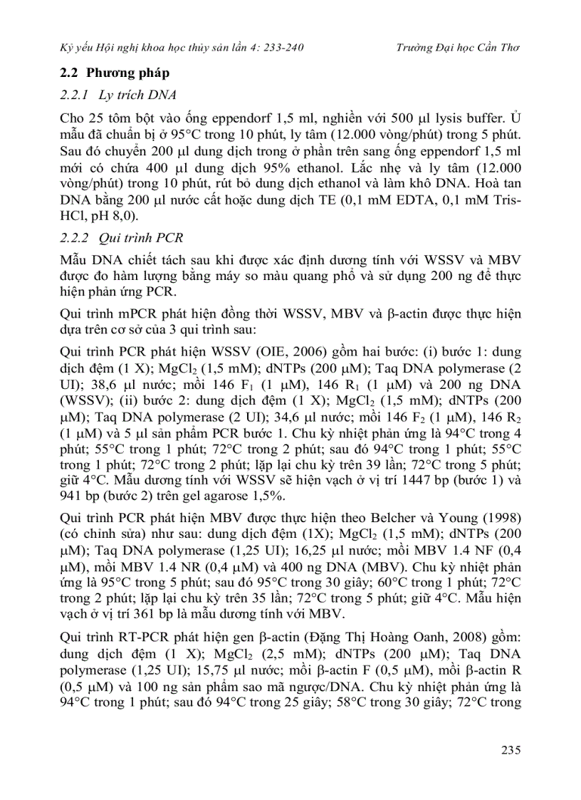 image for page Hoàn thiện qui trình pcr đa mồi phát hiện đồng thời vi rút gây bệnh đốm trắng White Spot Syndrome Virus và vi rút gây bệnh còi Monodon Baculovirus ở tôm sú Penaeus monodon có sử dụng gen β actin làm nộ