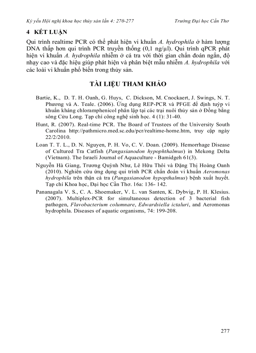 image for page Ứng dụng qui trình pcr thời gian thật phát hiện vi khuẩn Aeromonas hydrophila nhiễm trên cá tra Pangasianodon hypophthalmus