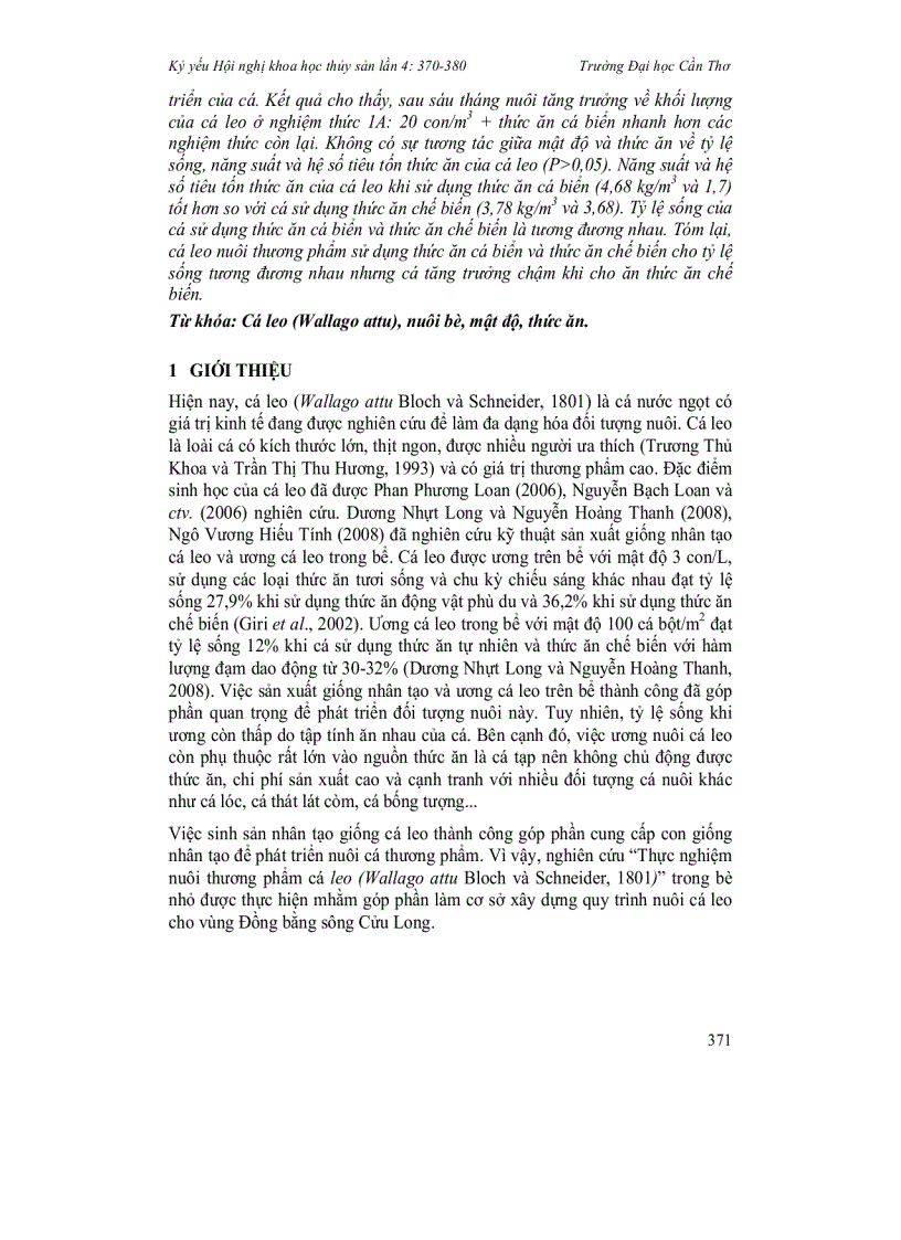 image for page Khả năng sử dụng thức ăn chế biến của cá leo Wallago attu nuôi thương phẩm trong bè nhỏ