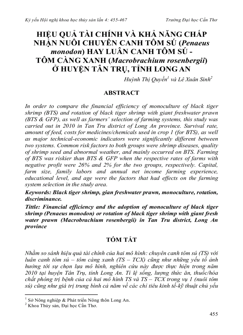 Hiệu quả tài chính và khả năng chấp nhận nuôi chuyên canh tôm sú Penaeus monodon hay luân canh tôm sú tôm càng xanh Macrobrachium rosenbergii ở huyện Tân Trụ tỉnh Long An