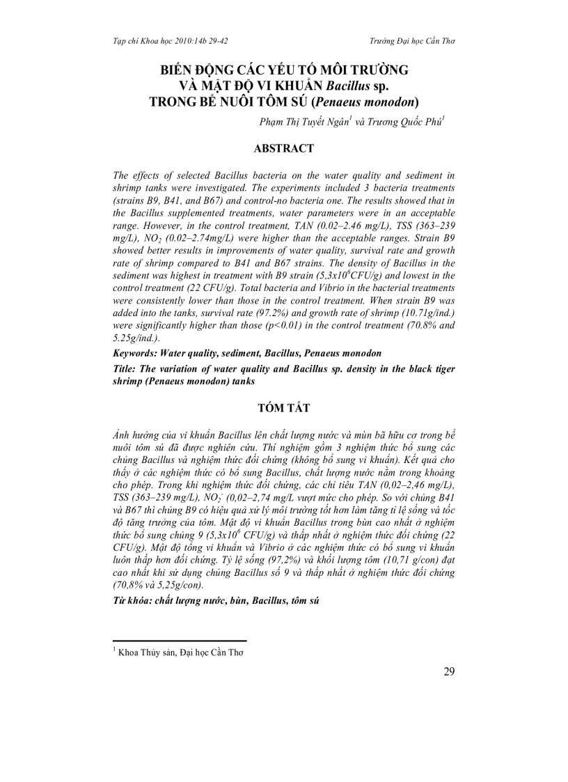 image for page Biến động các yếu tố môi trường và mật độ vi khuẩn Bacillus sp trong bể nuôi tôm sú Penaeus monodon