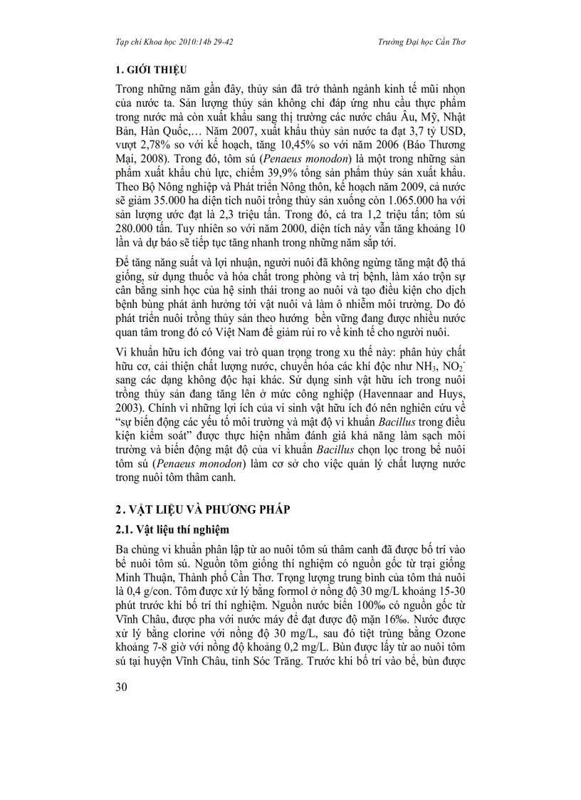 image for page Biến động các yếu tố môi trường và mật độ vi khuẩn Bacillus sp trong bể nuôi tôm sú Penaeus monodon