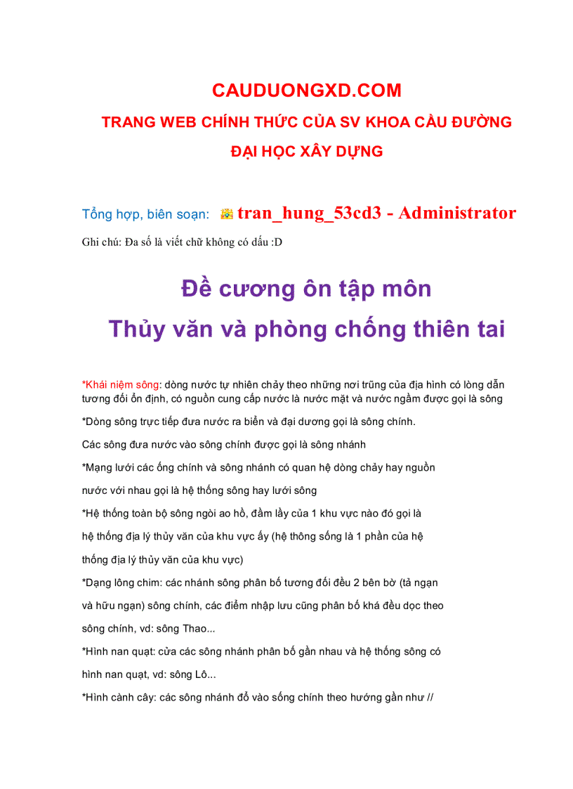 image for page Đề cương ôn tập môn thủy văn