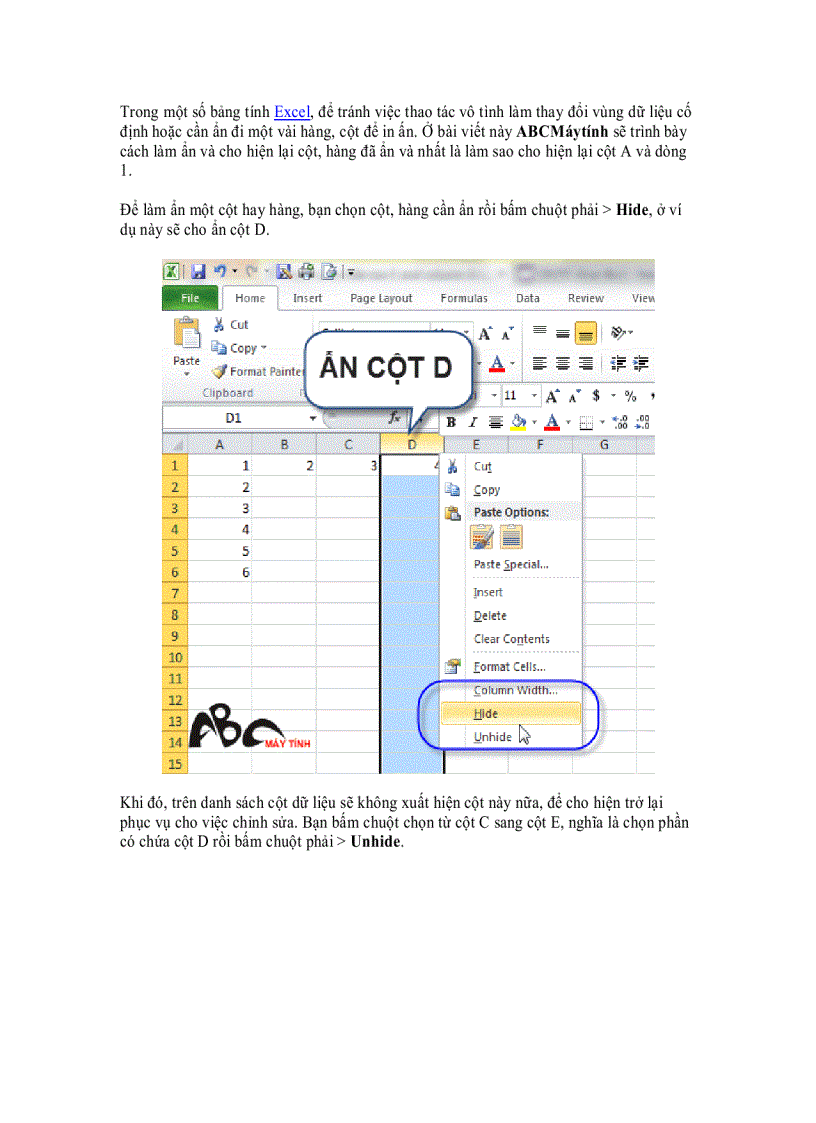 Thủ thuật Excel Cho hiện cột A và dòng 1 bị ẩn trong bảng tính