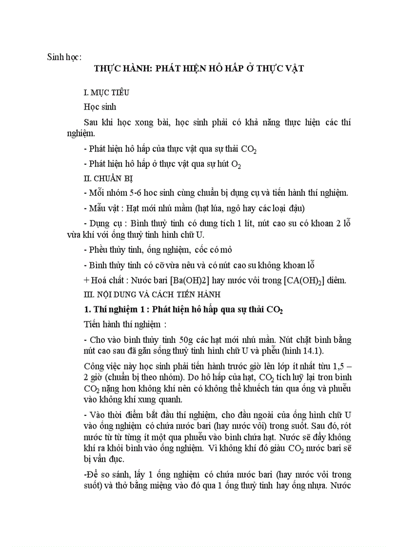 image for page Sinh học THỰC HÀNH PHÁT HIỆN HÔ HẤP Ở THỰC VẬT