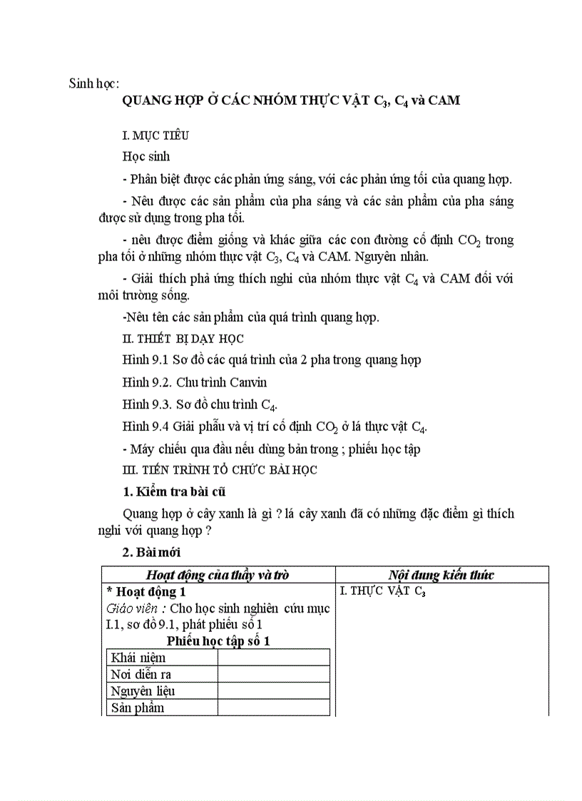 image for page Sinh học QUANG HỢP Ở CÁC NHÓM THỰC VẬT C3 C4 và CAM