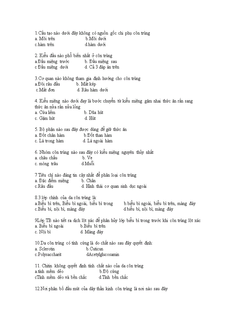 image for page Câu hỏi trắc ngiệm về côn trùng