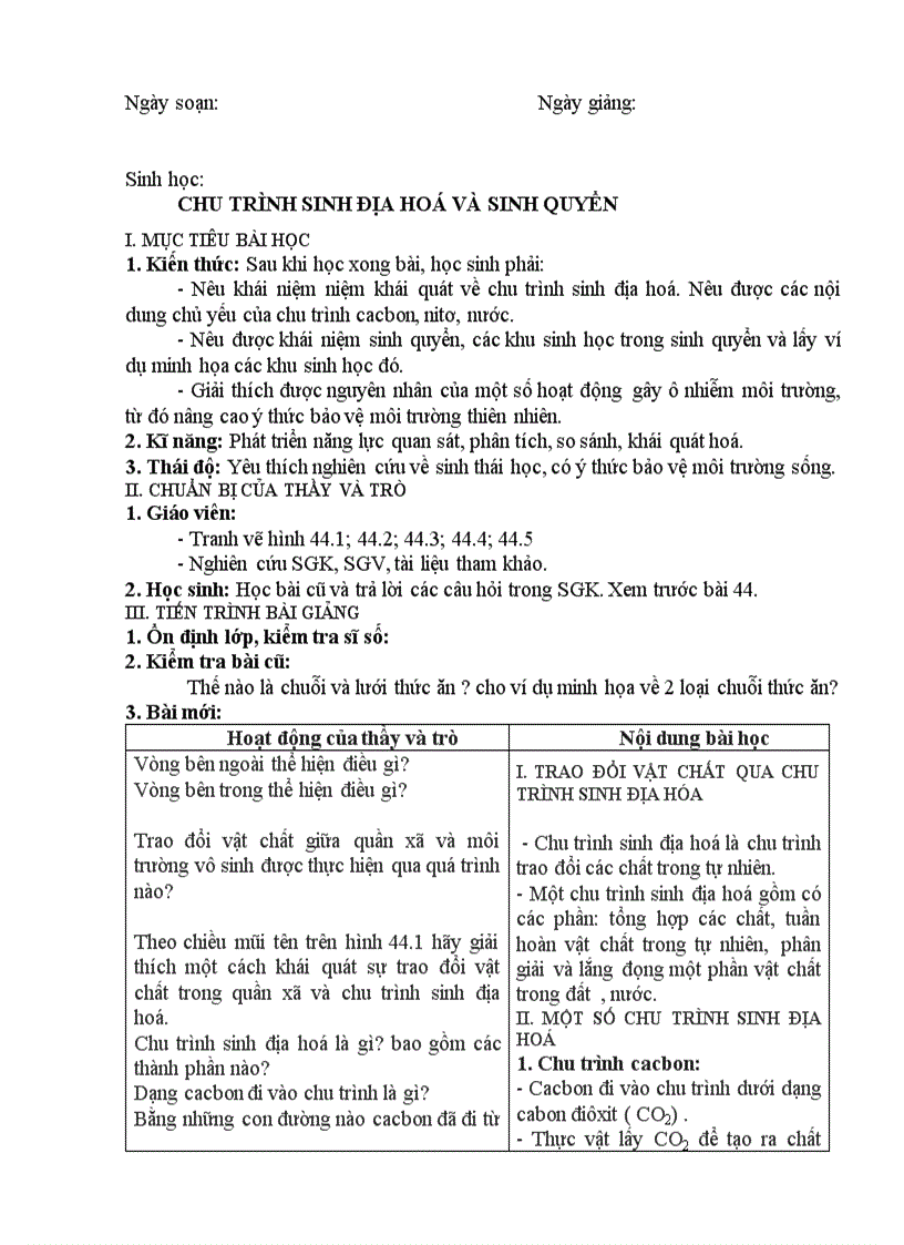 Sinh học CHU TRÌNH SINH ĐỊA HOÁ VÀ SINH QUYỂN