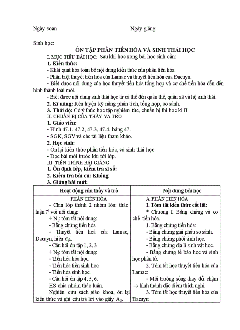 image for page Sinh học ÔN TẬP PHẦN TIẾN HÓA VÀ SINH THÁI HỌC