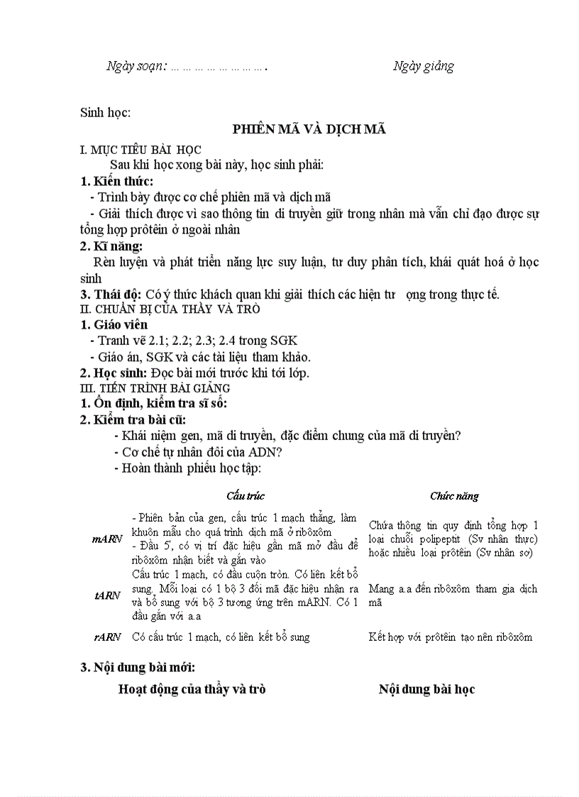 image for page Sinh học PHIÊN MÃ VÀ DỊCH MÃ