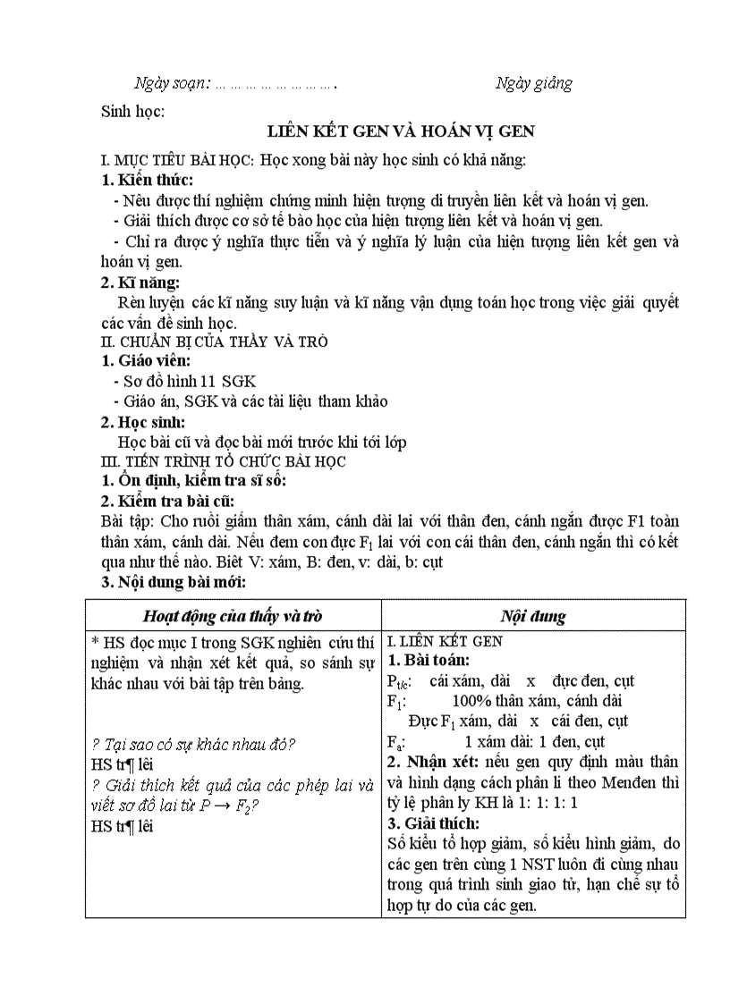 image for page Sinh học LIÊN KẾT GEN VÀ HOÁN VỊ GEN