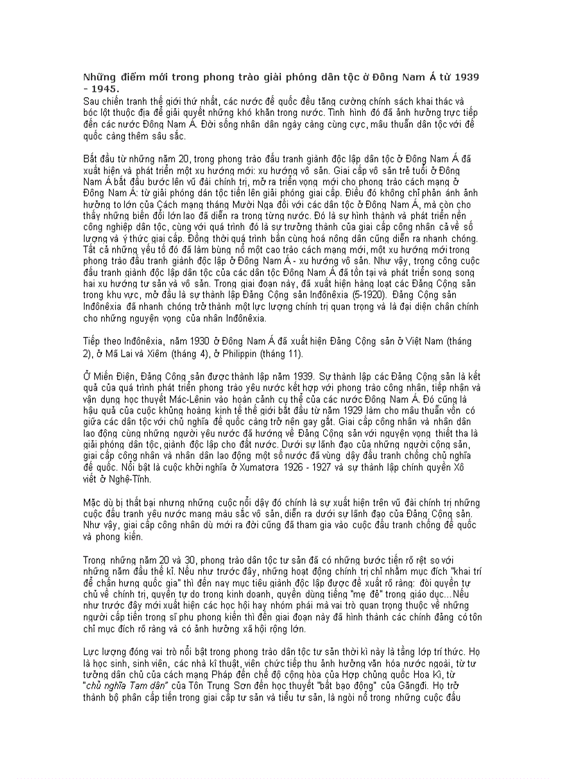 Những điểm mới trong phong trào giải phóng dân tộc ở Đông Nam Á từ 1939 1945