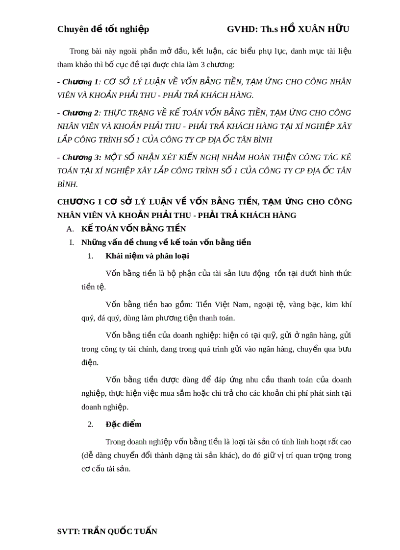 Chuyên đề kế toán vốn bằng tiền tại xí nghiệp xây lắp công trinh số 1 1