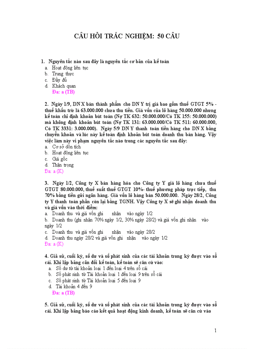 Câu hỏi trắc nghiệm kế toán tài chính doanh nghiệp