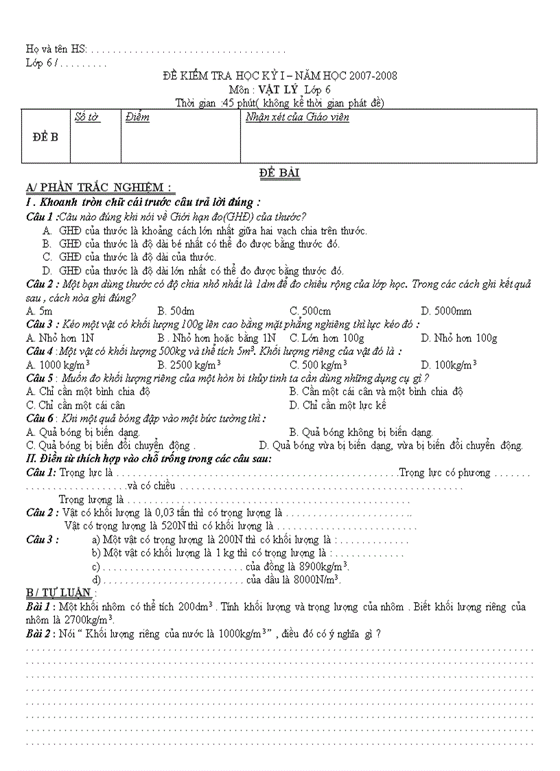 image for page Đề thi học kì 1 Vật lý 6 2007 2008