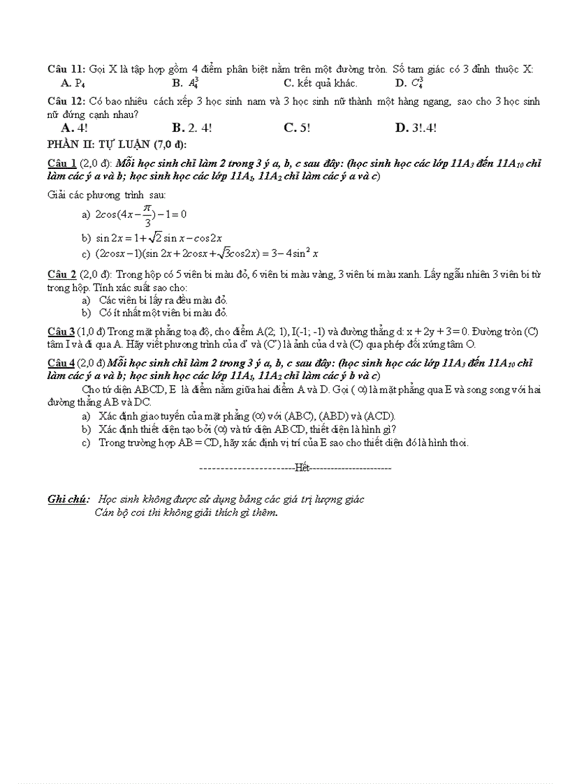 image for page Đề thi học kì 1 Toán 11 THPT TRẦN PHÚ QUẢNG NINH 2007 2008