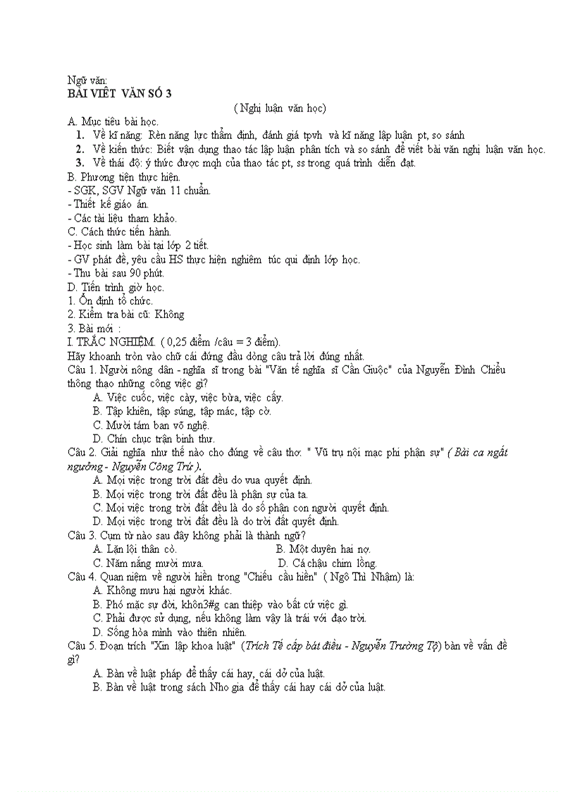 image for page Ngữ văn BÀI VIÊT VĂN SỐ 3 Nghị luận văn học