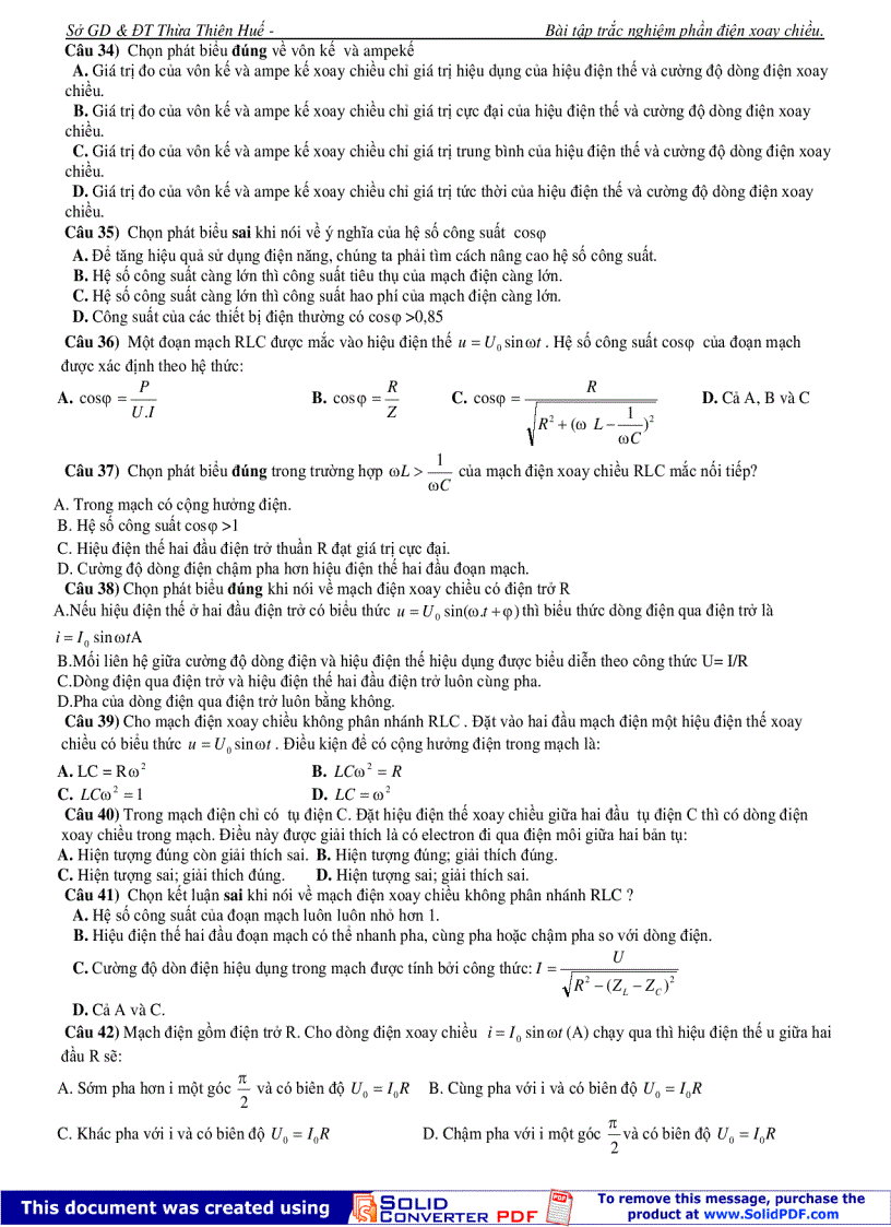 image for page 260 câu hỏi trắc nghiệm về DÒNG ĐIỆN XOAY CHIỀU Sở GDĐT Thừa Thiên Huế